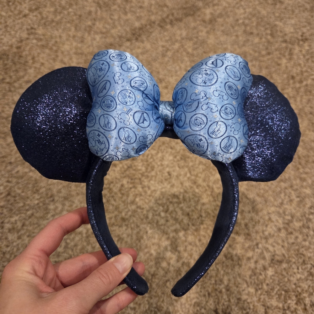 Navy Glitter Minnie Ears Headband with Light Blue Patterned Bow